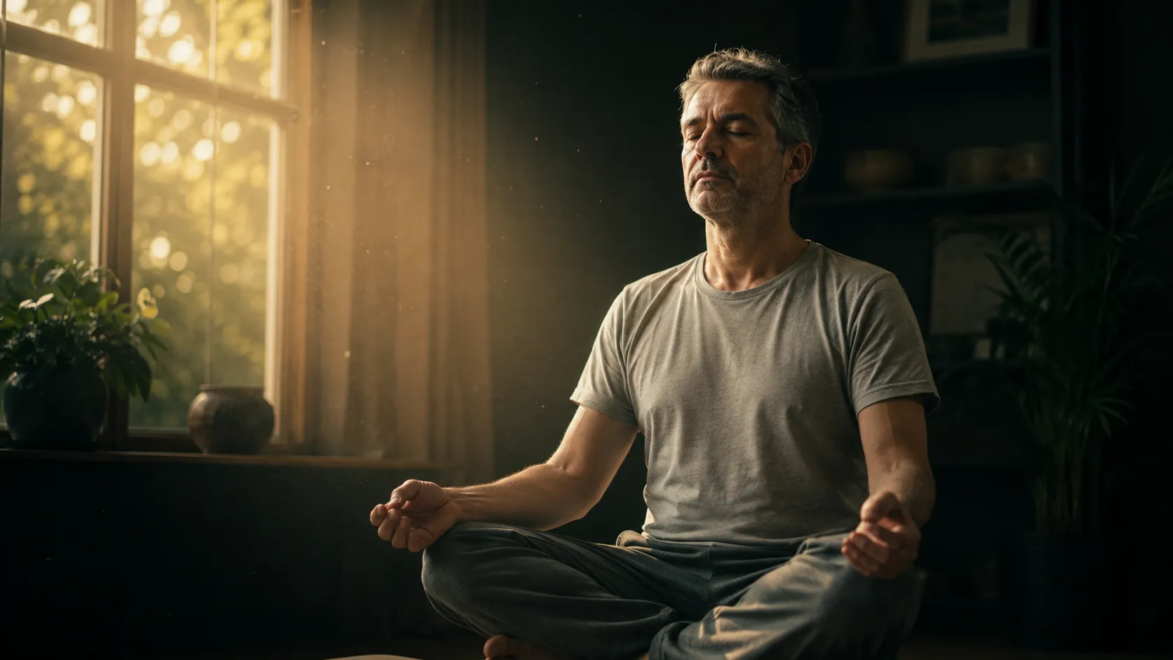 Homem de olhos fechados sentado em posição de meditação numa sala iluminada pela luz da janela
