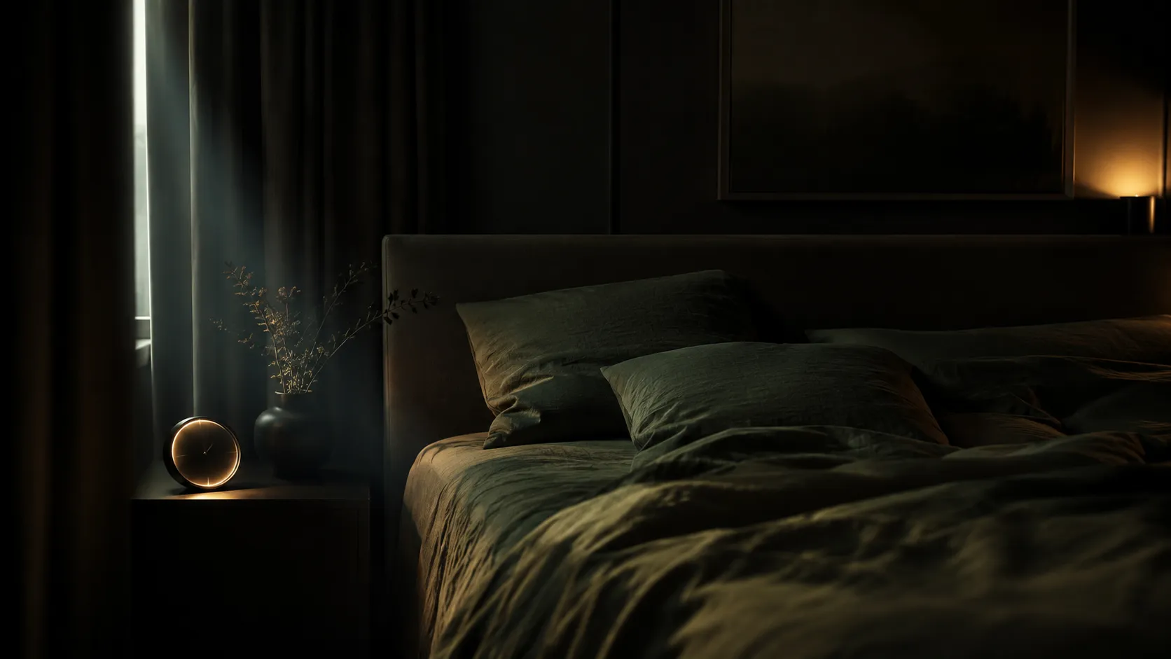Quarto escuro com cama arrumada, cortina fechada e um fio de luz entrando pela janela