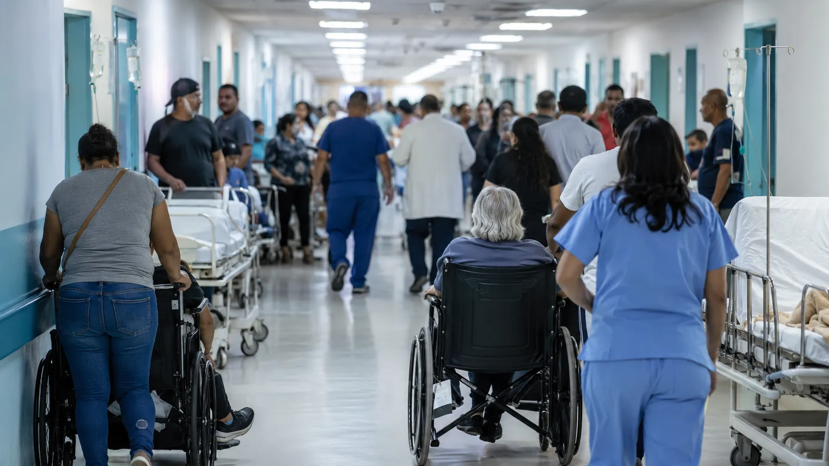 Corredor de hospital lotado, com pacientes em cadeiras de rodas e macas e profissionais de saúde passando