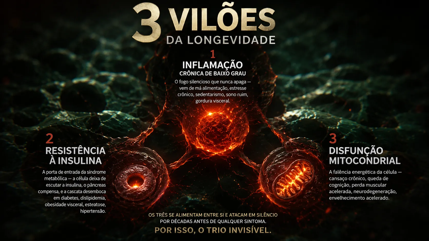 Infográfico dos 3 Vilões da Longevidade: inflamação crônica de baixo grau, resistência à insulina e disfunção mitocondrial