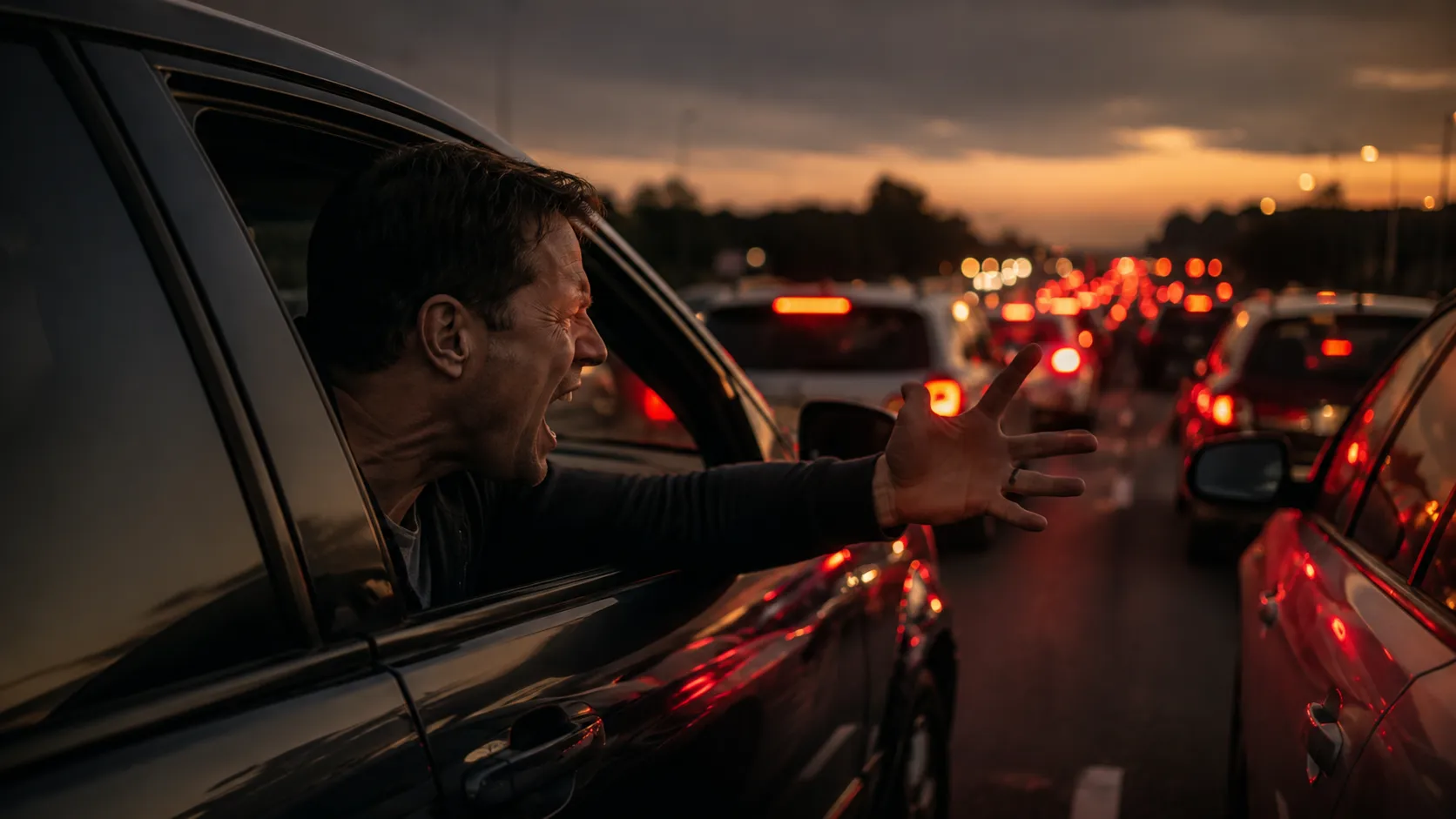 Motorista grita com o braço para fora da janela do carro, parado num congestionamento ao entardecer